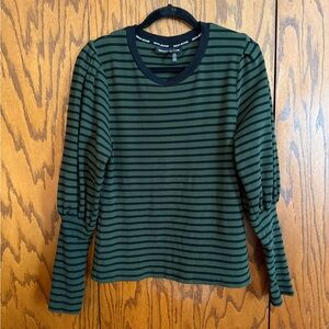 DKNY Jeans XL Green Black Striped Ribbed Knit Top Puff Sleeve